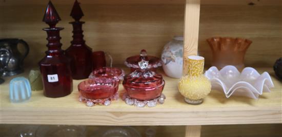 A pair of Victorian ruby glass decanters, cranberry and mixed cut glass